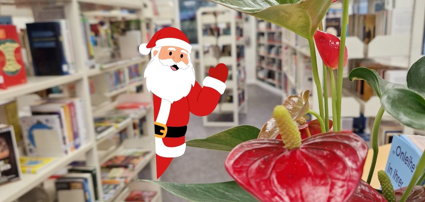 Nikolaus in der Stadtbücherei Das Bild zeigt einen animierten Nikolaus, der zwischen den Regalen in der Stadtbücherei hervorguckt.