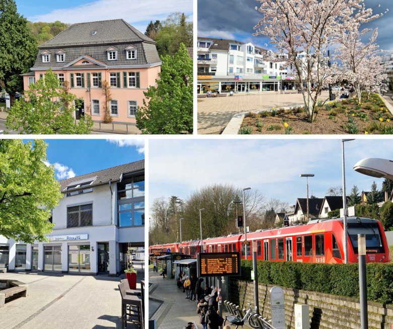 Das Bild ist eine Collage aus verschiedenen Rösrath-Motiven, unter anderem Rathaus, Sülztalplatz, Bürgerbüro und dem Bahnhof.