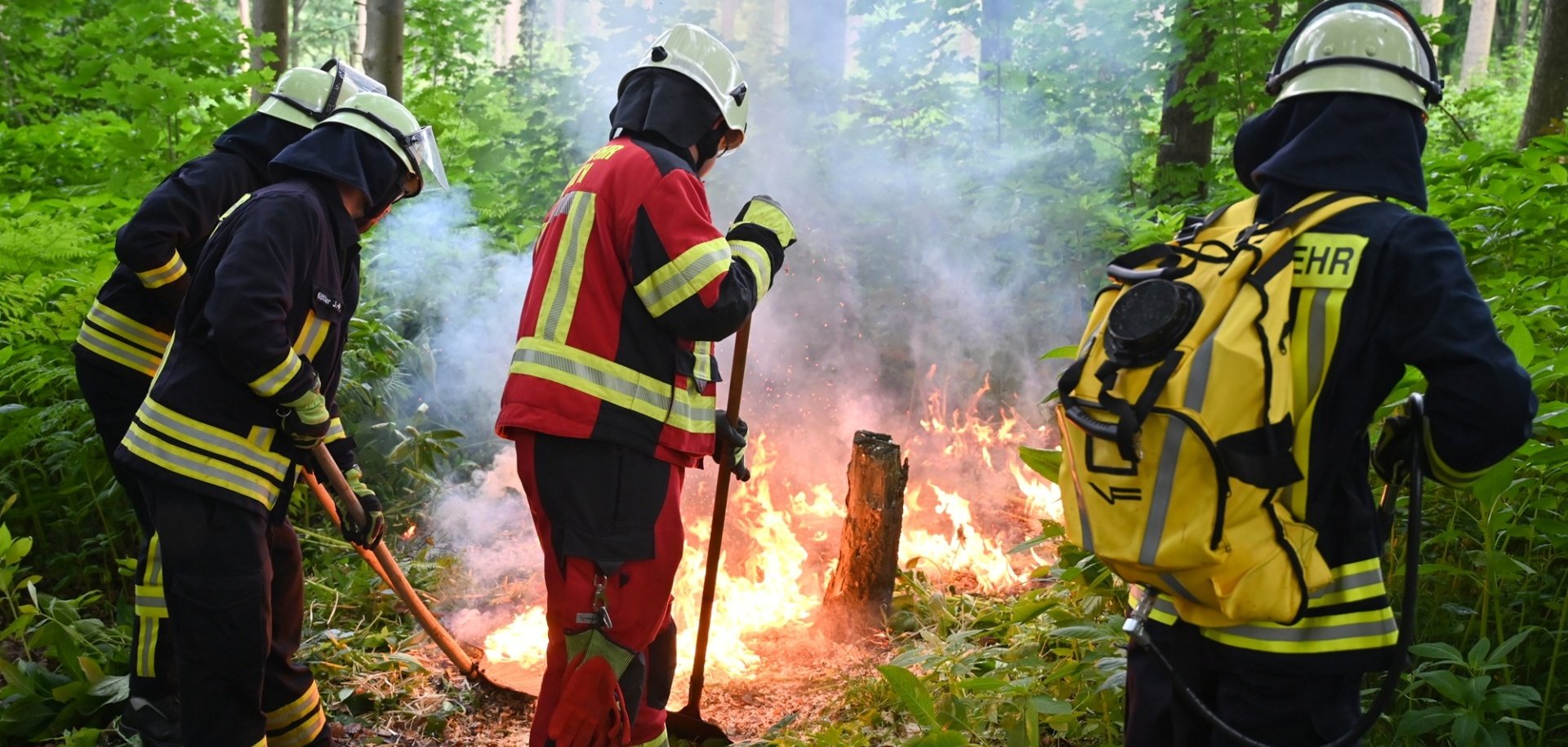 Waldbrand Das Bild zeigt die Feuerwehr beim Löschen eines Waldbrandes.