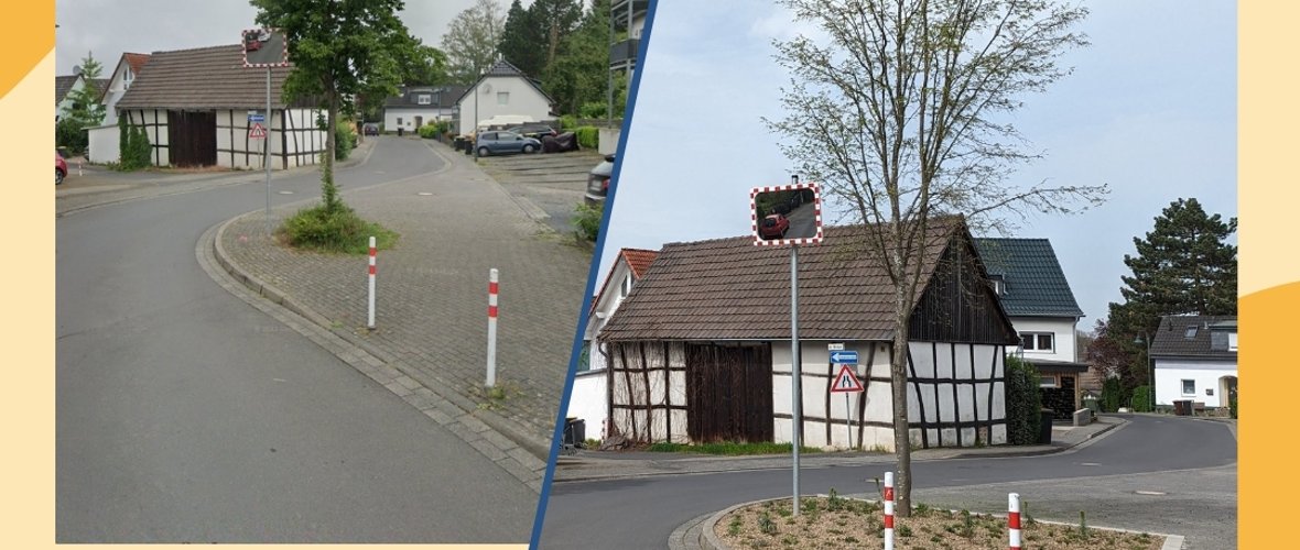 Das Bild, auf gelbem Hintergrund, ist zweigeteilt. Rechts Das Vorher-Bild eines Baumes an einer Straße, links dieselbe Stelle, derselbe Baum, jedoch mit einem großzügigen Beet um den Baum.