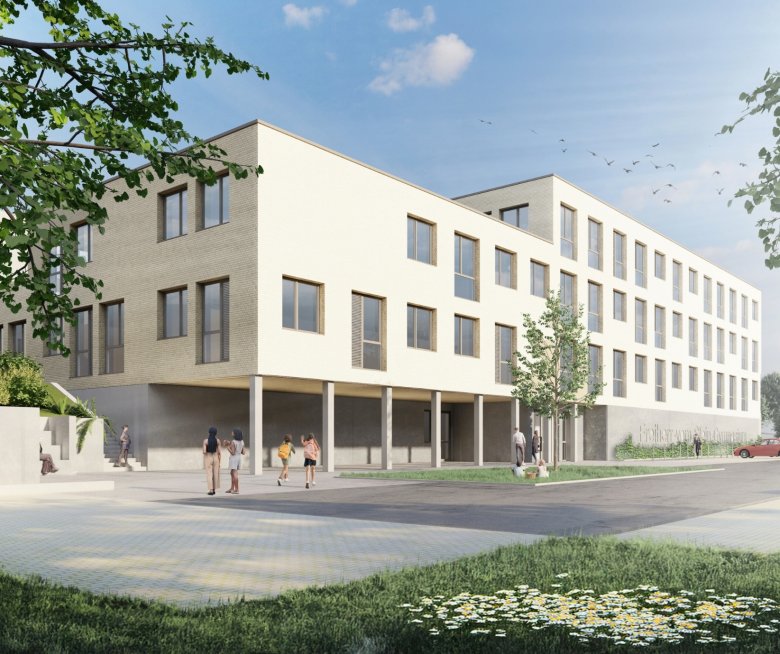 Das Bild zeigt eine Visualisierung des künftigen Erweiterungsbaus am Freiherr-vom-Stein Schulzentrum.