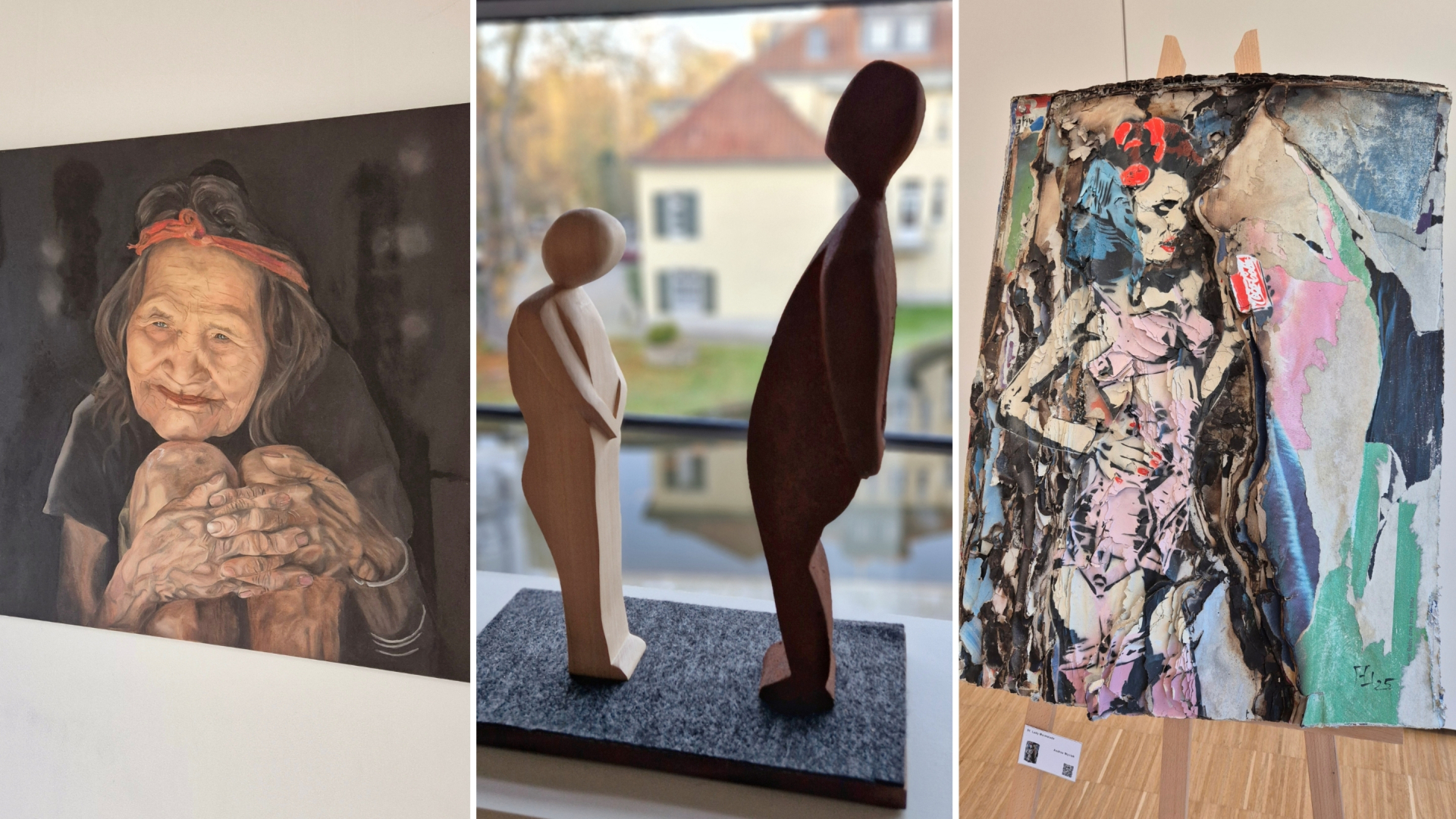 Das Bild zeigt eine kleine Collage von Kunstwerken, die bei vergangenen Auflagen der Ausstellungsreihe "Rösrather Künstler" ausgezeichnet wurden.