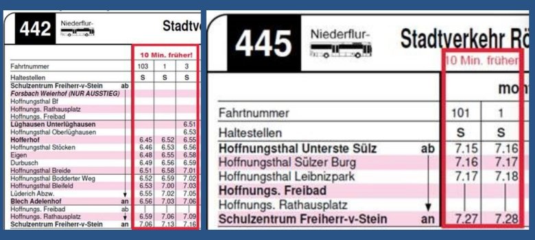 Fahrplanauszug Linien 442 und 445 Das Bild zeigt einen Fahrplanauszug der Buslinien 442 und 445.