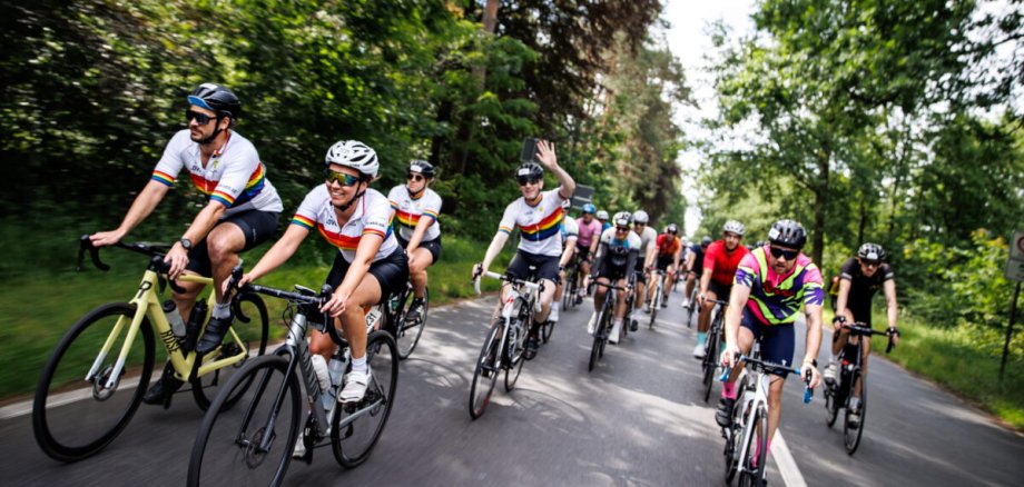 Das Bild zeigt ein Feld aus Radfahrenden beim Radrennen Rund um Köln.