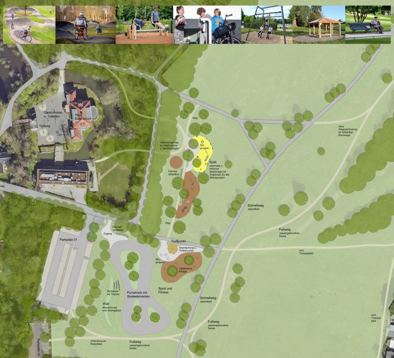 Konzeptidee Spiel- und Freizeitareal Das Bild zeigt eine grafische Darstellung von dem Gelände südlich von Schloss Eulenbroich, auf dem das Spiel- und Freizeitareal entstehen soll.