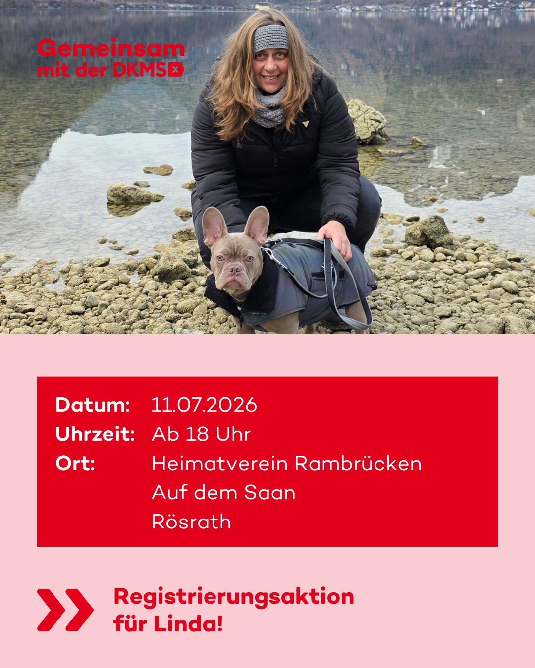 Registrierungsaktion für Linda Das Bild zeigt Linda und ruft zur Teilnahme an der Typisierungsaktion auf.