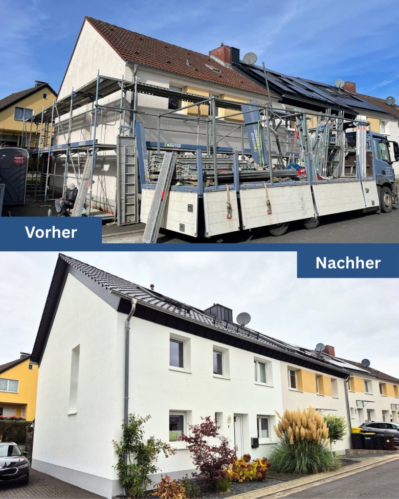 Hof- und Fassadenprogramm Das Bild zeigt ein Vorher-/Nachher-Vergleich einer Hausfassade in Rösrath.