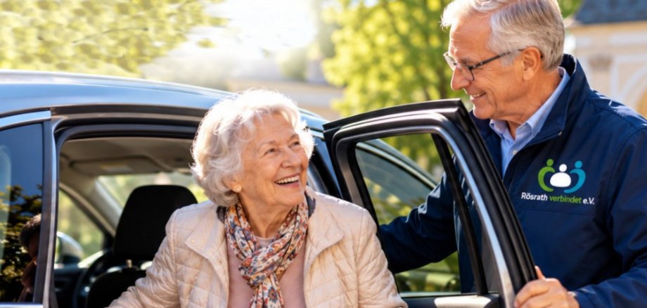 Das Bild zeigt einen Mann, der einer älteren Dame beim Aussteigen aus dem Auto hilft.