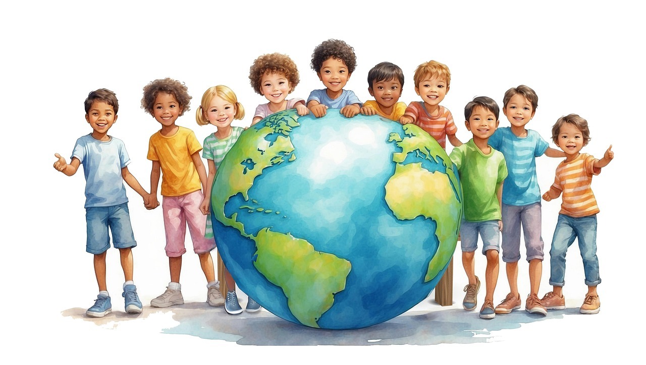 Das Bild zeigt ein gezeichnetes Motiv von Kindern, die um eine Weltkugel stehen.